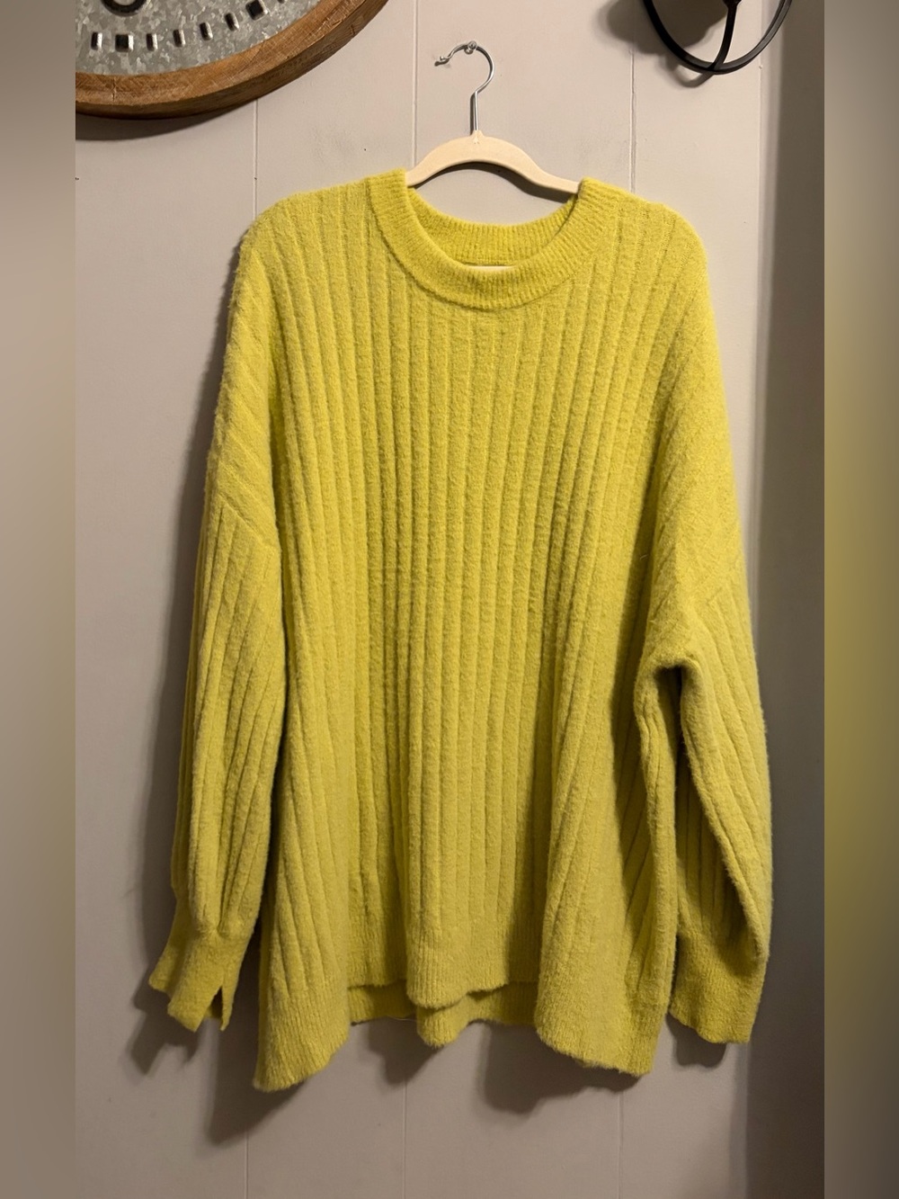 Bright Yellow Ribbed Crewneck Women's Sweater Oversized
